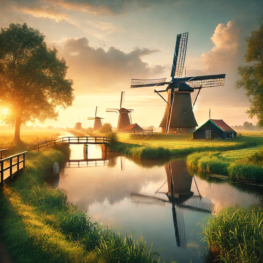 This serene Dutch countryside scene captures the timeless beauty of traditional windmills at sunset. Bathed in warm hues of orange and pink, the historic windmills stand tall, symbolizing the Netherlands’ rich cultural heritage. A peaceful canal reflects the sky’s colors, while vibrant tulip fields and a cobblestone path add to the enchanting atmosphere. This picturesque view evokes a sense of nostalgia, celebrating the deep connection between windmills and Dutch history.







